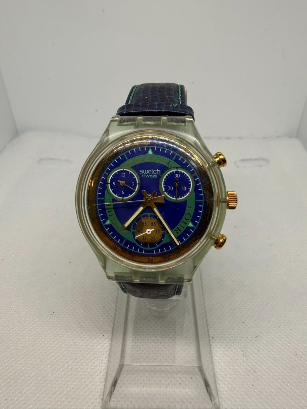 Swatch Chrono "Hitch Hiker" SCG104 1994 Blue Gold Clear Case Chronograph Watch